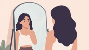 woman comparing herself on social media feeling insecure minimal illustration