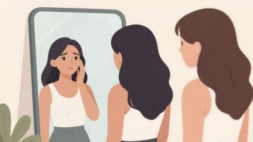 woman feeling insecure while comparing herself to another woman mirror concept illustration