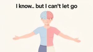 woman torn between logic and emotion unable to let go illustration