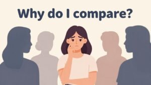 woman comparing herself with other women feeling inadequate minimal illustration