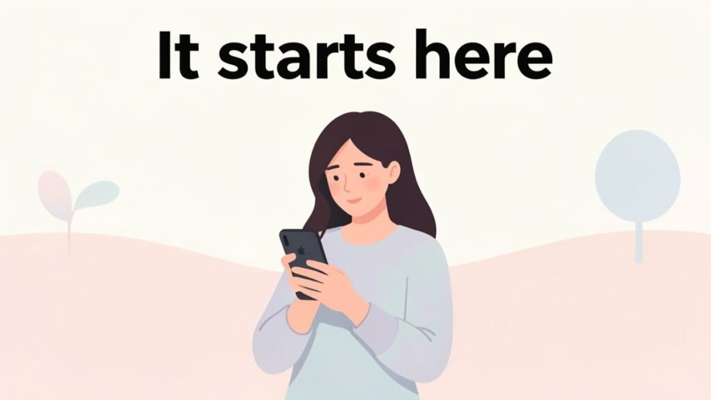 woman scrolling social media beginning comparison cycle illustration