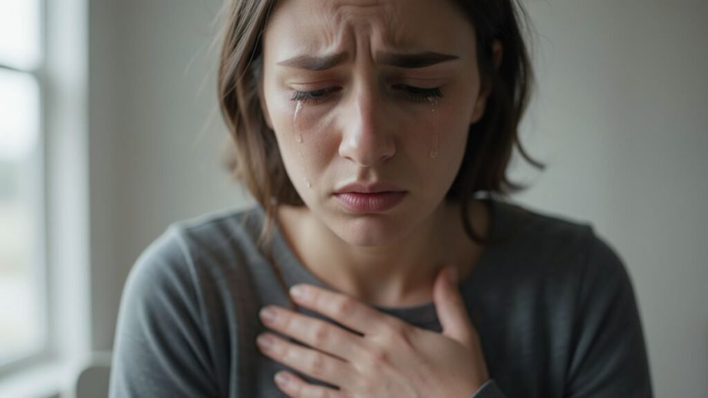 Woman holding chest crying emotional pain grief after breakup