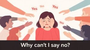 woman unable to say no and overwhelmed by people pleasing commitments illustration