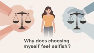 woman feeling guilty for choosing herself and prioritizing self care illustration
