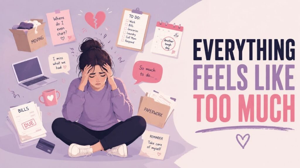 woman overwhelmed by rebuilding life after breakup illustration