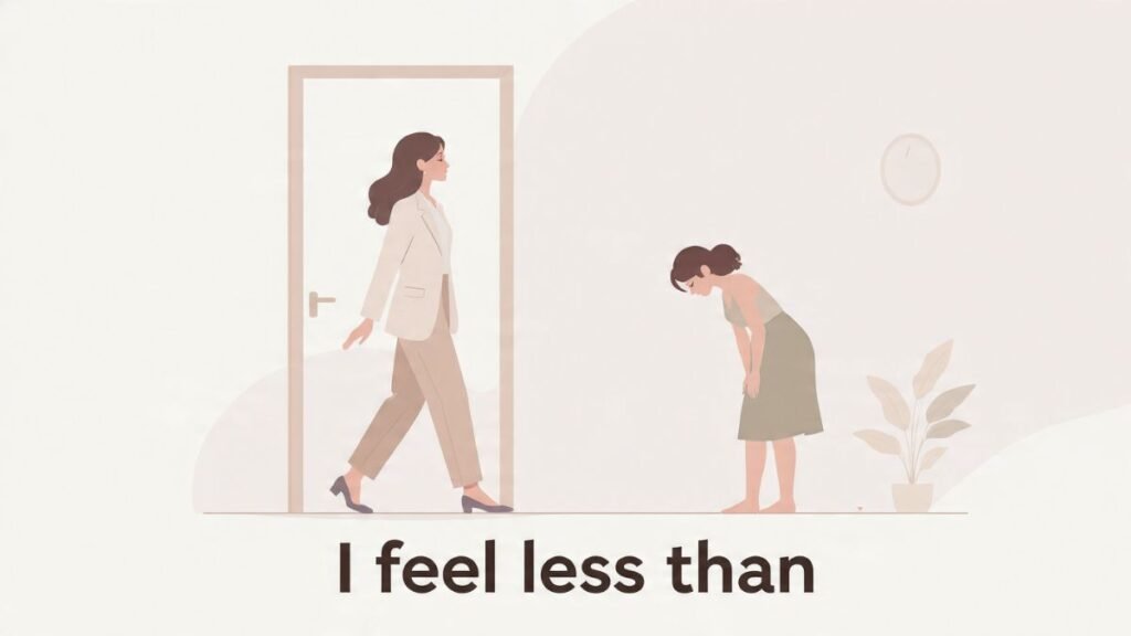 woman feeling insecure when seeing a beautiful confident woman illustration
