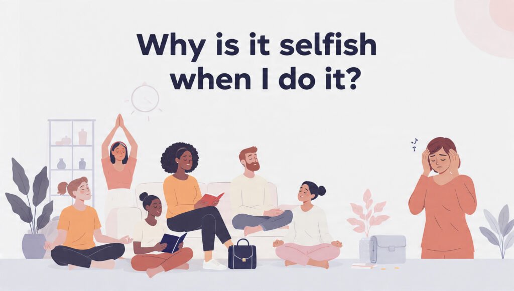 woman feeling guilty for self care while others are accepted for it illustration