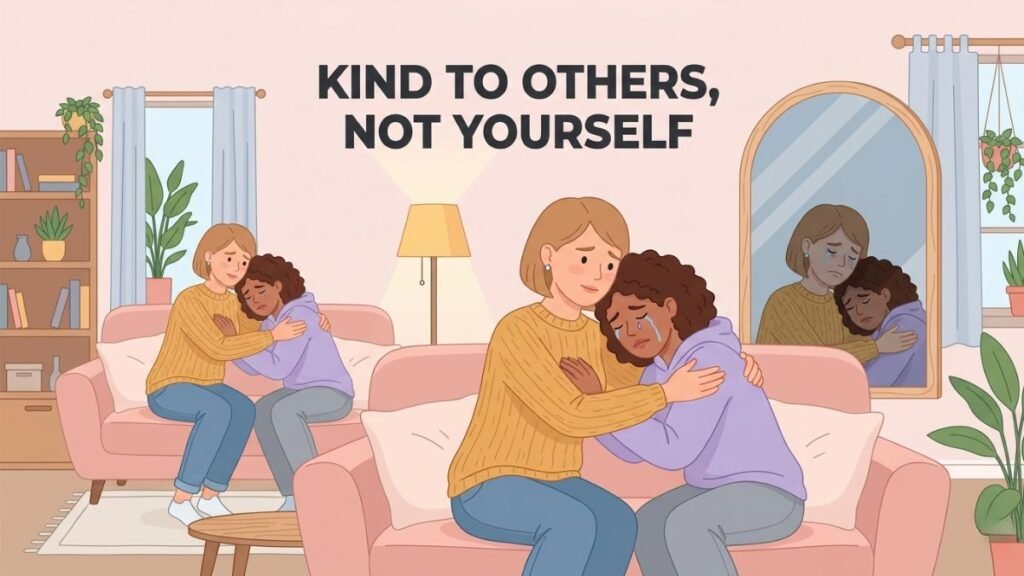 woman showing compassion to others but not herself illustration