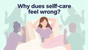 woman feeling guilty while trying to prioritize herself self care discomfort illustration