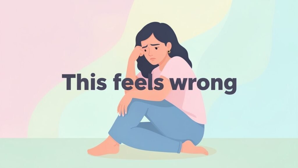 woman feeling uncomfortable while trying self care inner conflict illustration