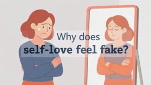 woman struggling with self love feeling fake and unnatural inner critic illustration