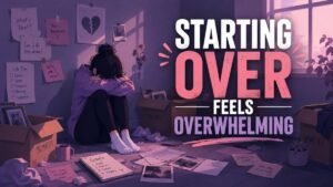 overwhelmed woman trying to rebuild life after breakup illustration