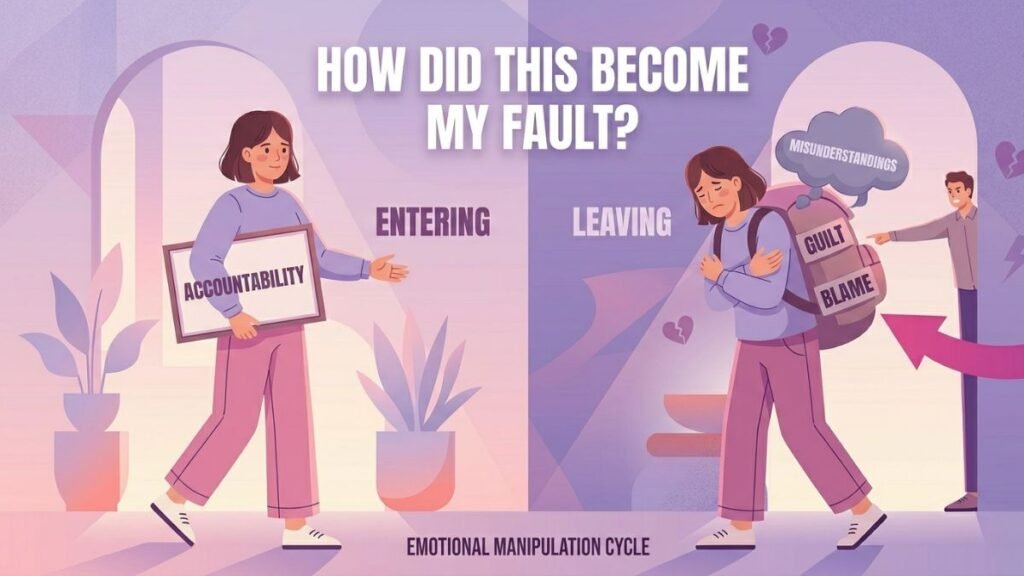 woman leaving conversation carrying blame that was not hers illustration