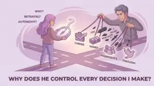 woman losing independence because of controlling relationship illustration
