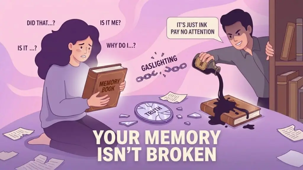 partner manipulating woman's memory through gaslighting illustration