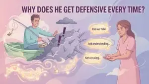 woman facing defensive partner during calm conversation illustration