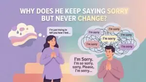 woman frustrated by repeated fake apologies in relationship illustration