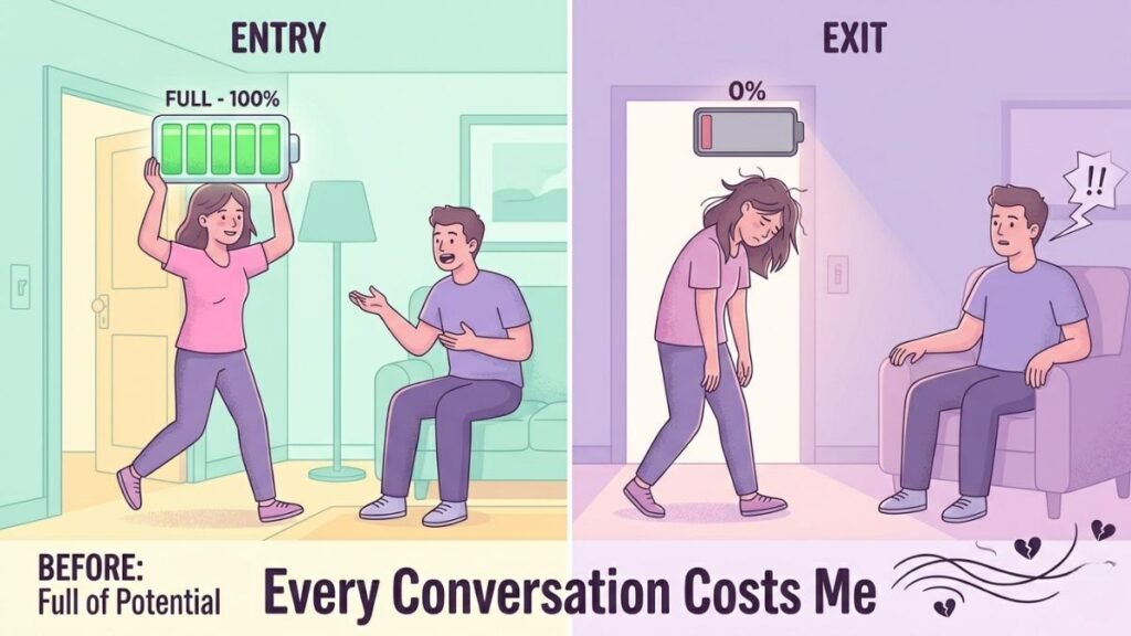 woman emotionally drained after relationship conversations illustration