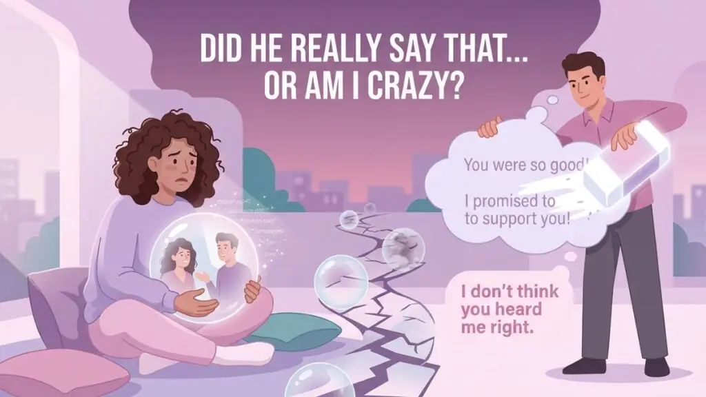 woman questioning her memory after gaslighting in relationship illustration