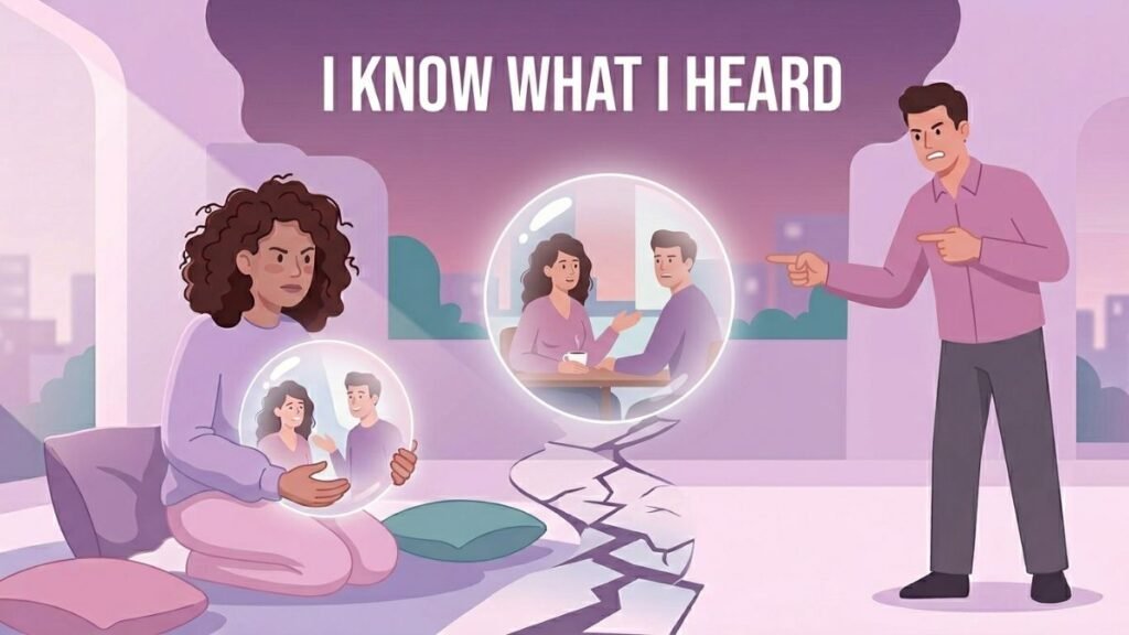 woman remembering conversation while partner denies it illustration