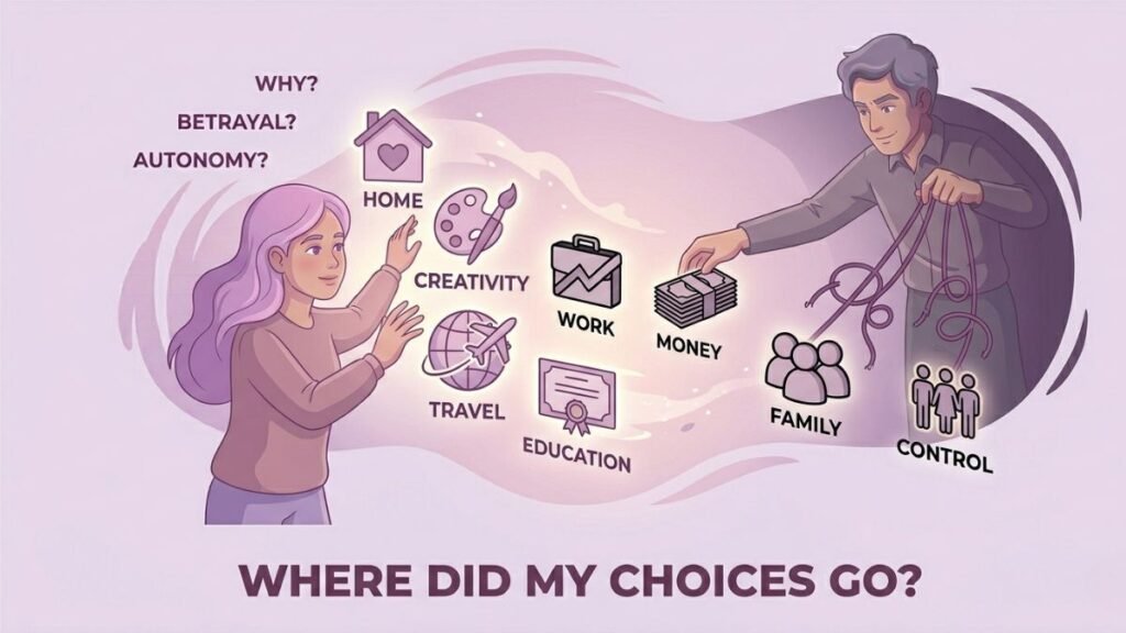 woman losing control over her own life decisions illustration