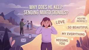 woman confused by mixed signals and inconsistent behavior in relationship illustration