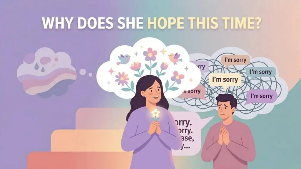 woman disappointed after repeated relationship apologies illustration