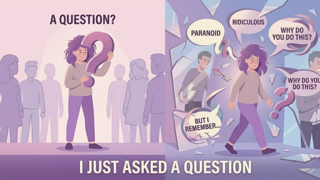 woman doubting herself after asking a reasonable relationship question illustration