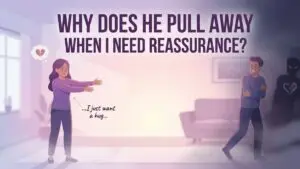 woman seeking reassurance while emotionally distant partner pulls away illustration