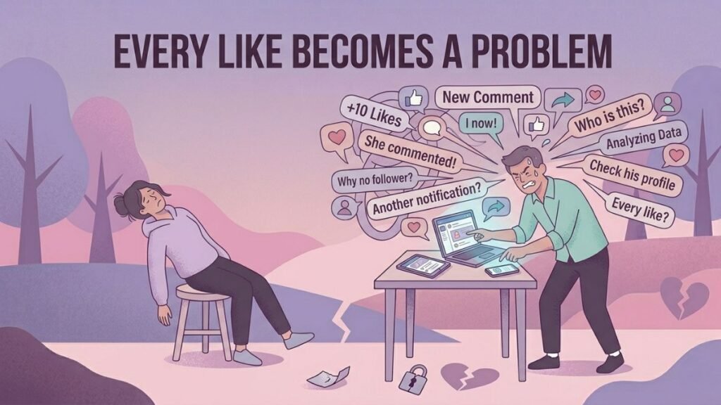 partner obsessively monitoring social media activity illustration