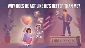 woman feeling diminished by partner's superiority and condescending behavior illustration