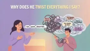 woman frustrated by partner twisting her words during arguments illustration