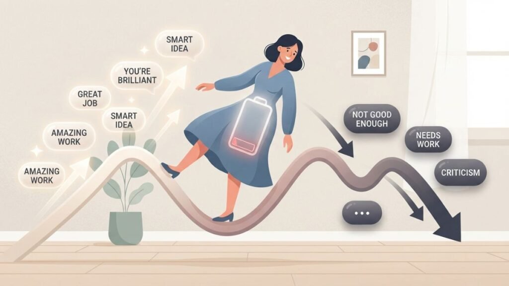 Compliment dependent mood and confidence controlled by external validation