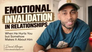Woman experiencing emotional invalidation after her partner hurts her and makes the conversation about himself