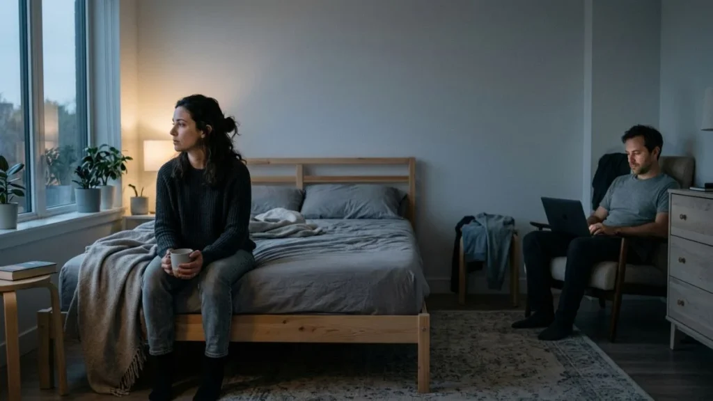 Woman feeling lonely while emotionally disconnected from her partner