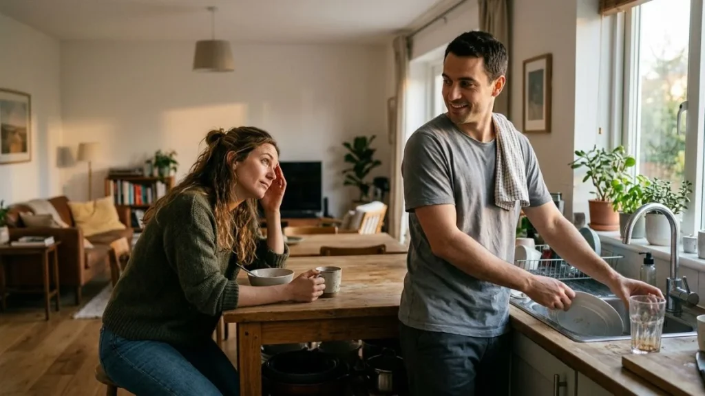 Partner noticing a tired woman and offering genuine emotional support