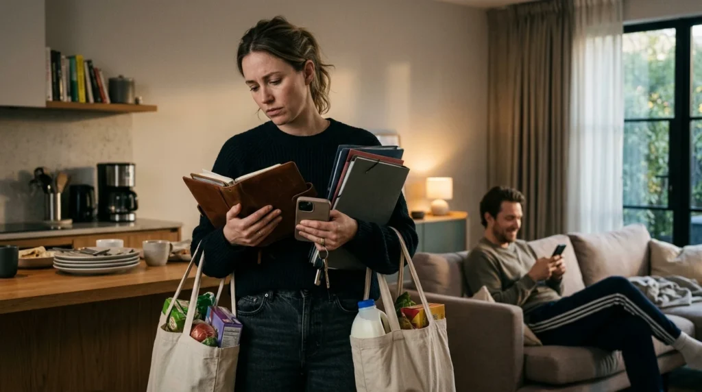 Woman carrying the emotional and practical weight of a one-sided relationship