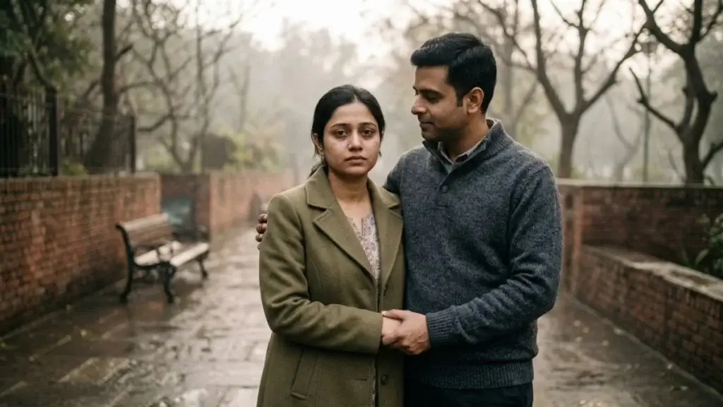 Supportive partner standing beside a woman during a difficult time