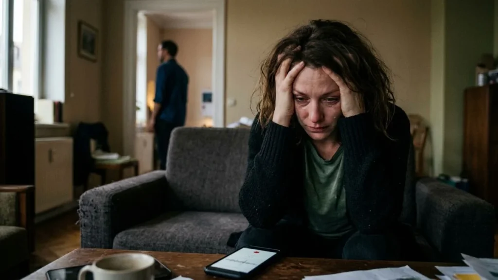 Woman overwhelmed after an argument while her reaction is used against her