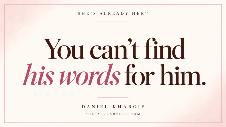 Difficulty expressing emotions: You can’t find his words for him. Cream editorial cover with elegant serif lettering and dusty rose accents by Daniel Khargie.