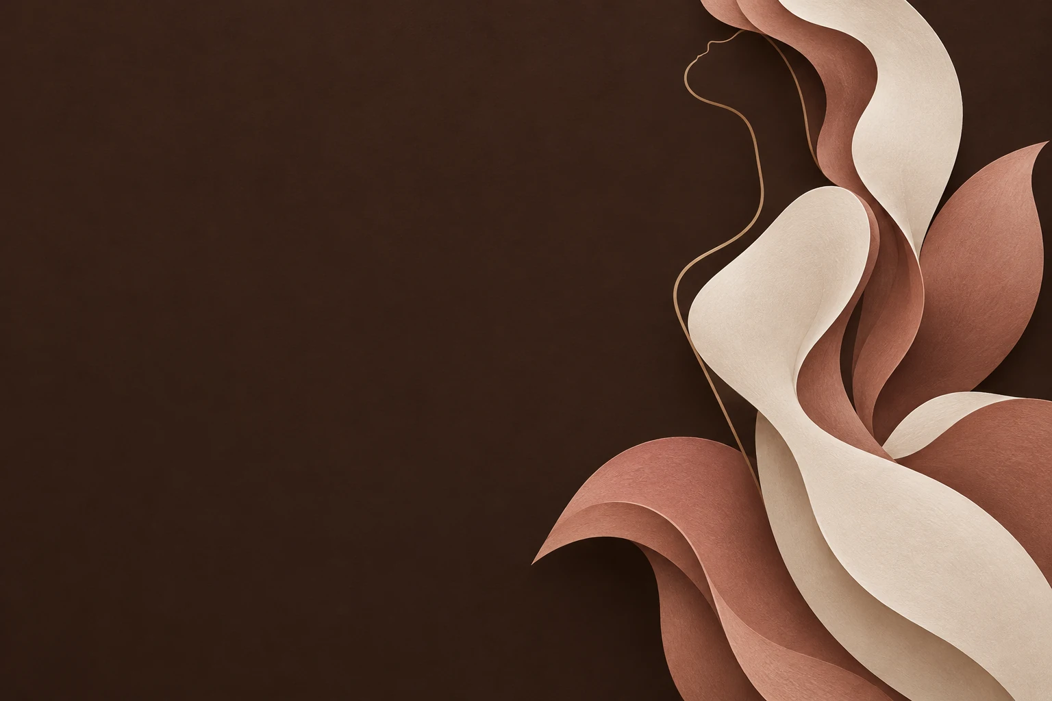 Abstract cream and dusty rose silhouette with flowing petal shapes on an espresso background